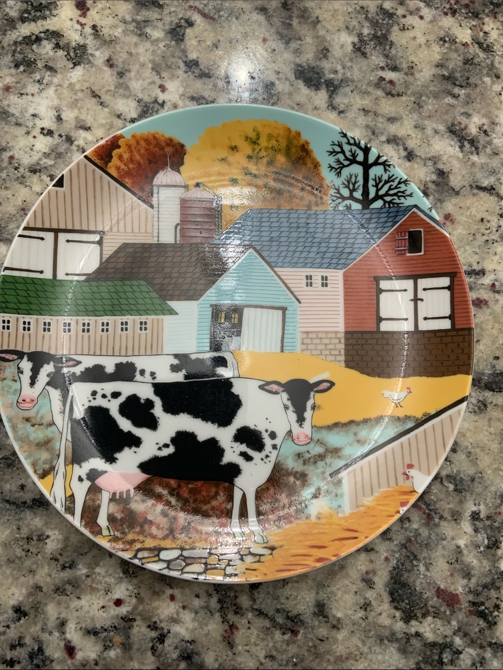 Artmark Folk -art series-Farmhouse Ceramic Plate with Cow & Barn Illustration.